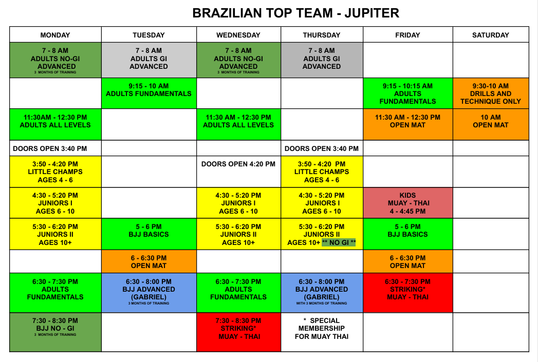 BTT Jupiter Full Class Schedule